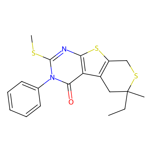 6-ethyl-6-methyl-2-(methylthio)-3-phenyl-5,6-dihydro-3H-thiopyrano[4',3':4,5]thieno[2,3-d]pyrimidin-4(8H)-one structure