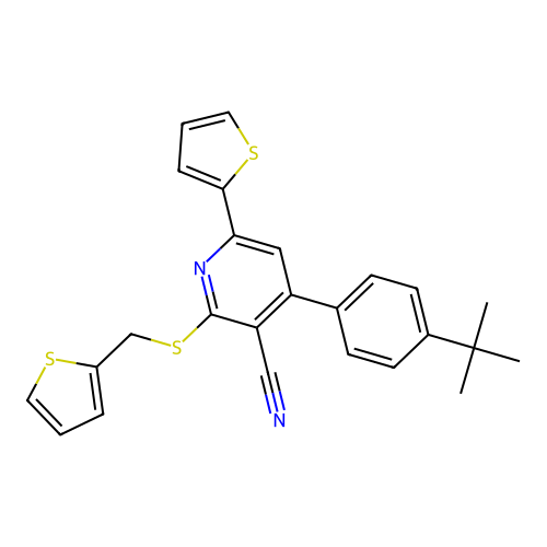 4-(4-tert-butylphenyl)-6-thiophen-2-yl-2-(thiophen-2-ylmethylsulfanyl)pyridine-3-carbonitrile structure