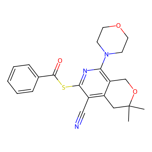 S-(5-cyano-3,3-dimethyl-8-morpholin-4-yl-1,4-dihydropyrano[3,4-c]pyridin-6-yl) benzenecarbothioate structure