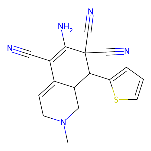 6-amino-2-methyl-8-(thiophen-2-yl)-2,3,8,8a-tetrahydroisoquinoline-5,7,7(1H)-tricarbonitrile structure