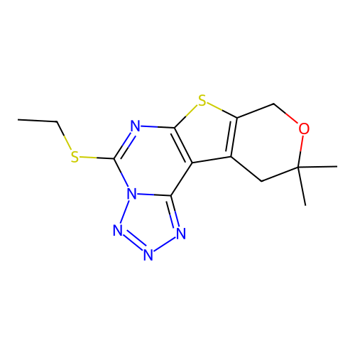 5-(ethylthio)-10,10-dimethyl-10,11-dihydro-8H-pyrano[4',3':4,5]thieno[3,2-e]tetrazolo[1,5-c]pyrimidine structure