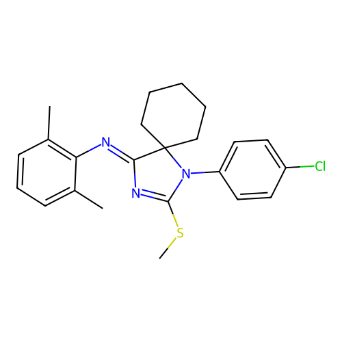 (Z)-N-(1-(4-chlorophenyl)-2-(methylthio)-1,3-diazaspiro[4.5]dec-2-en-4-ylidene)-2,6-dimethylaniline structure