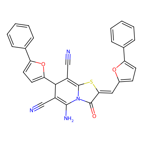(2Z)-5-amino-3-oxo-7-(5-phenylfuran-2-yl)-2-[(5-phenylfuran-2-yl)methylidene]-2,3-dihydro-7H-[1,3]thiazolo[3,2-a]pyridine-6,8-dicarbonitrile structure