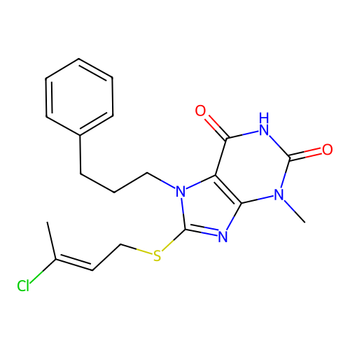 8-[(E)-3-chlorobut-2-enyl]sulfanyl-3-methyl-7-(3-phenylpropyl)purine-2,6-dione structure