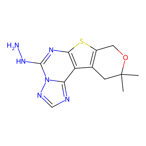 5-hydrazinyl-10,10-dimethyl-10,11-dihydro-8H-pyrano[4',3':4,5]thieno[3,2-e][1,2,4]triazolo[1,5-c]pyrimidine structure