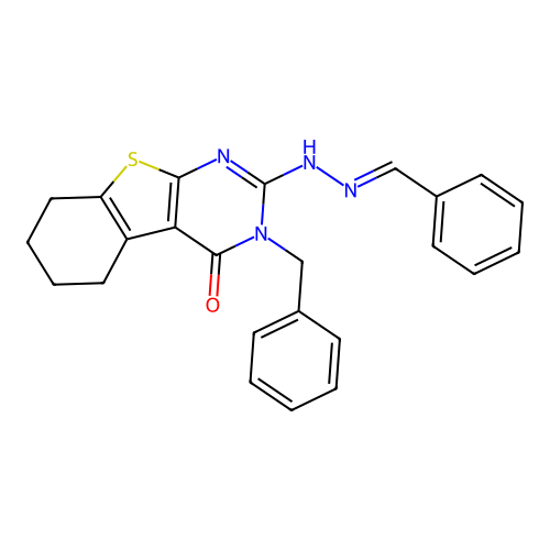 3-benzyl-2-[(2E)-2-benzylidenehydrazinyl]-5,6,7,8-tetrahydro[1]benzothieno[2,3-d]pyrimidin-4(3H)-one structure