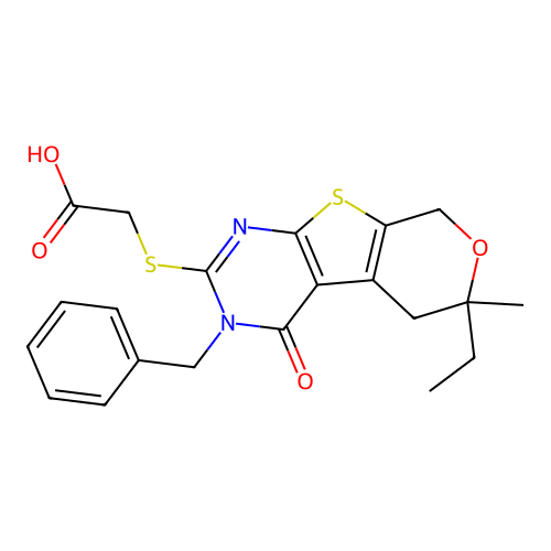 [(3-benzyl-6-ethyl-6-methyl-4-oxo-3,5,6,8-tetrahydro-4H-pyrano[4',3':4,5]thieno[2,3-d]pyrimidin-2-yl)sulfanyl]acetic acid structure