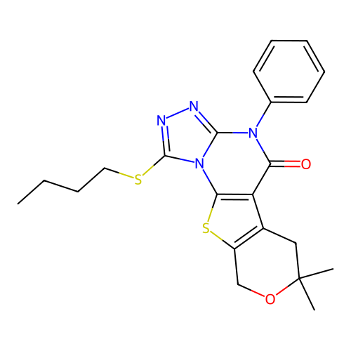 1-(butylsulfanyl)-7,7-dimethyl-4-phenyl-6,9-dihydro-7H-pyrano[4',3':4,5]thieno[3,2-e][1,2,4]triazolo[4,3-a]pyrimidin-5(4H)-one structure