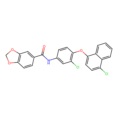 N-(3-chloro-4-((4-chloronaphthalen-1-yl)oxy)phenyl)benzo[d][1,3]dioxole-5-carboxamide structure