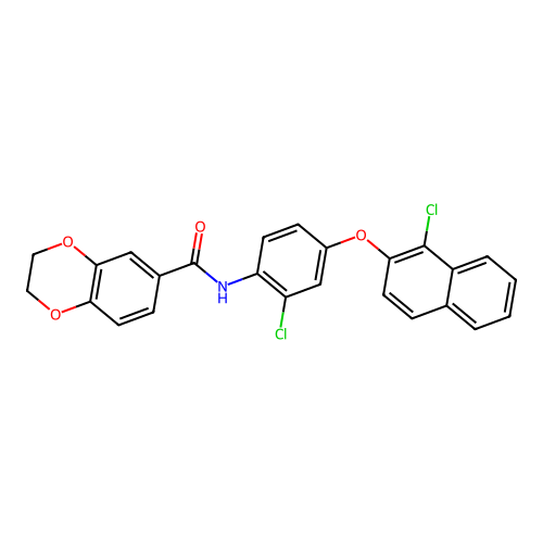 N-(2-chloro-4-((1-chloronaphthalen-2-yl)oxy)phenyl)-2,3-dihydrobenzo[b][1,4]dioxine-6-carboxamide structure