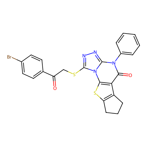 1-((2-(4-bromophenyl)-2-oxoethyl)thio)-4-phenyl-7,8-dihydro-4H-cyclopenta[4,5]thieno[3,2-e][1,2,4]triazolo[4,3-a]pyrimidin-5(6H)-one structure