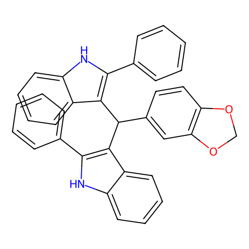 3,3'-(1,3-benzodioxol-5-ylmethanediyl)bis(2-phenyl-1H-indole) structure