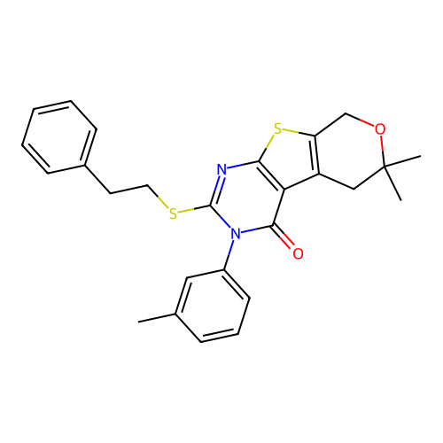 6,6-dimethyl-2-(phenethylthio)-3-(m-tolyl)-5,6-dihydro-3H-pyrano[4',3':4,5]thieno[2,3-d]pyrimidin-4(8H)-one structure