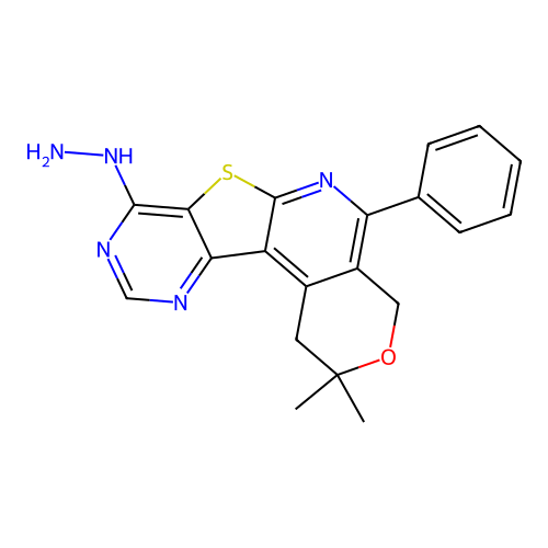 8-hydrazinyl-2,2-dimethyl-5-phenyl-1,4-dihydro-2H-pyrano[4'',3'':4',5']pyrido[3',2':4,5]thieno[3,2-d]pyrimidine structure