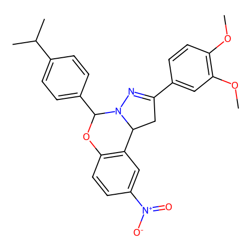 2-(3,4-dimethoxyphenyl)-5-(4-isopropylphenyl)-9-nitro-5,10b-dihydro-1H-benzo[e]pyrazolo[1,5-c][1,3]oxazine structure