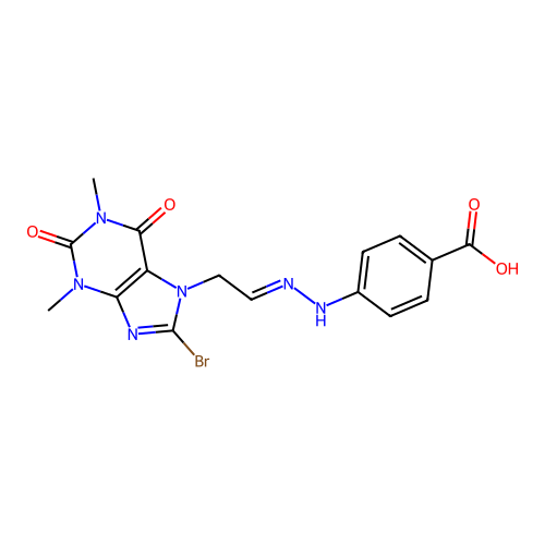 4-[2-[2-(8-bromo-1,3-dimethyl-2,6-dioxo-purin-7-yl)ethylidene]hydrazinyl]benzoic Acid structure