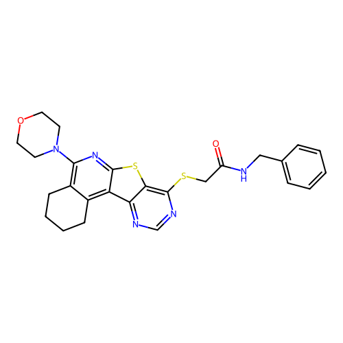 N-benzyl-2-((5-morpholino-1,2,3,4-tetrahydropyrimido[4',5':4,5]thieno[2,3-c]isoquinolin-8-yl)thio)acetamide structure