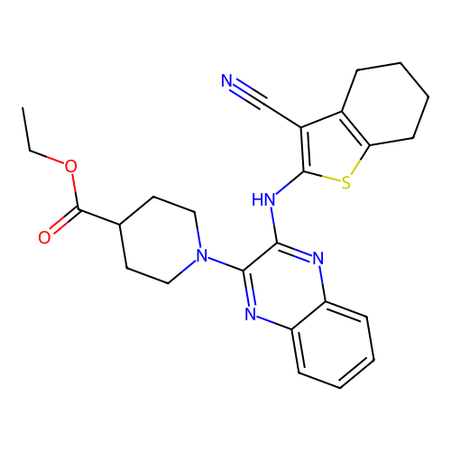 ethyl 1-(3-((3-cyano-4,5,6,7-tetrahydrobenzo[b]thiophen-2-yl)amino)quinoxalin-2-yl)piperidine-4-carboxylate structure