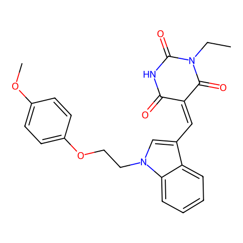 (E)-1-ethyl-5-((1-(2-(4-methoxyphenoxy)ethyl)-1H-indol-3-yl)methylene)pyrimidine-2,4,6(1H,3H,5H)-trione structure