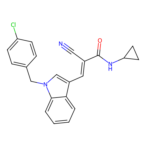 (2E)-3-[1-(4-chlorobenzyl)-1H-indol-3-yl]-2-cyano-N-cyclopropylprop-2-enamide structure