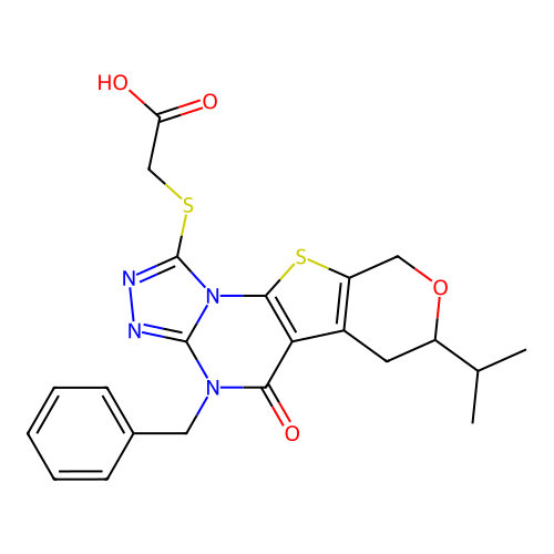 2-((4-benzyl-7-isopropyl-5-oxo-5,6,7,9-tetrahydro-4H-pyrano[4',3':4,5]thieno[3,2-e][1,2,4]triazolo[4,3-a]pyrimidin-1-yl)thio)acetic acid structure