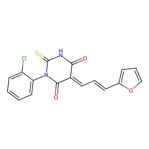 (5E)-1-(2-chlorophenyl)-5-[(E)-3-(furan-2-yl)prop-2-enylidene]-2-sulfanylidene-1,3-diazinane-4,6-dione structure