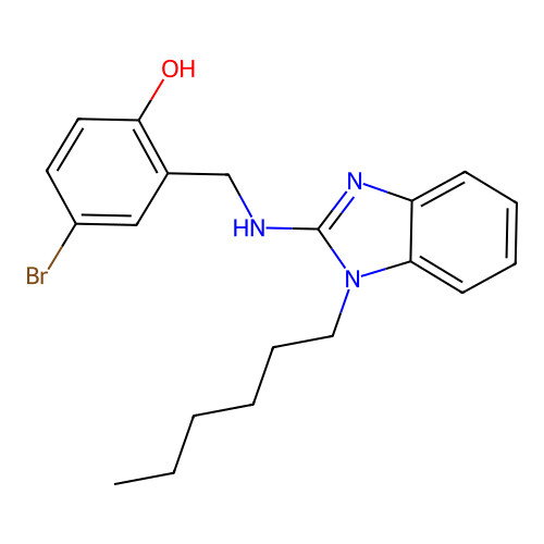 4-bromo-2-(((1-hexyl-1H-benzo[d]imidazol-2-yl)amino)methyl)phenol structure
