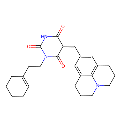 (5Z)-1-[2-(cyclohex-1-en-1-yl)ethyl]-5-(2,3,6,7-tetrahydro-1H,5H-pyrido[3,2,1-ij]quinolin-9-ylmethylidene)pyrimidine-2,4,6(1H,3H,5H)-trione structure