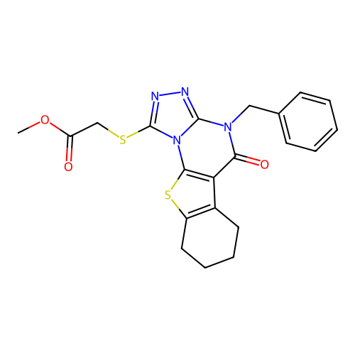 methyl [(4-benzyl-5-oxo-4,5,6,7,8,9-hexahydro[1]benzothieno[3,2-e][1,2,4]triazolo[4,3-a]pyrimidin-1-yl)sulfanyl]acetate structure