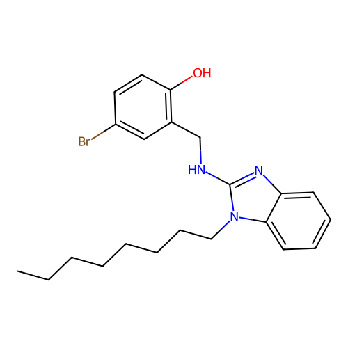 4-bromo-2-(((1-octyl-1H-benzo[d]imidazol-2-yl)amino)methyl)phenol structure
