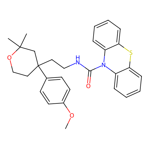N-[2-[4-(4-methoxyphenyl)-2,2-dimethyl-oxan-4-yl]ethyl]phenothiazine-10-carboxamide structure