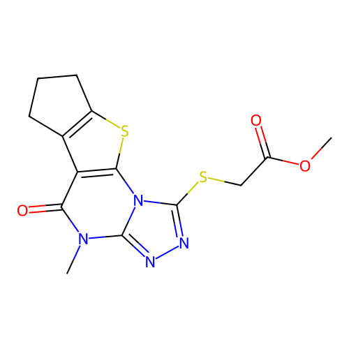methyl [(4-methyl-5-oxo-4,5,7,8-tetrahydro-6H-cyclopenta[4,5]thieno[3,2-e][1,2,4]triazolo[4,3-a]pyrimidin-1-yl)sulfanyl]acetate structure