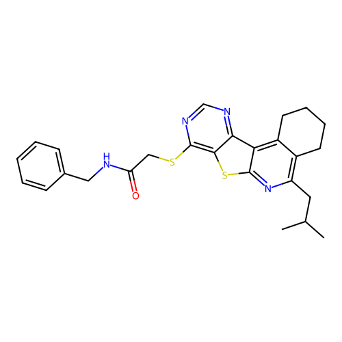 N-benzyl-2-((5-isobutyl-1,2,3,4-tetrahydropyrimido[4',5':4,5]thieno[2,3-c]isoquinolin-8-yl)thio)acetamide structure