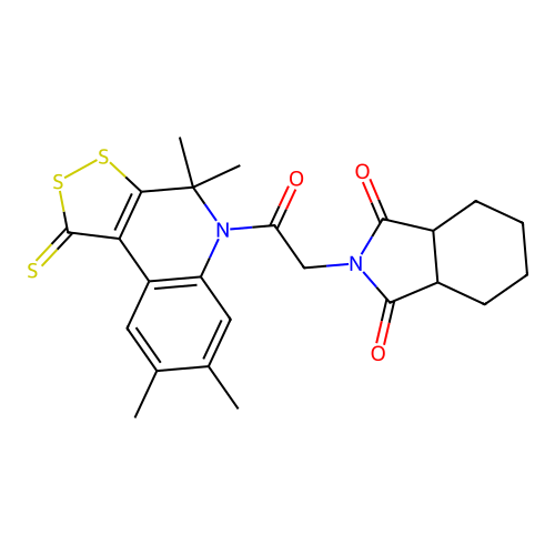 2-(2-oxo-2-(4,4,7,8-tetramethyl-1-thioxo-1H-[1,2]dithiolo[3,4-c]quinolin-5(4H)-yl)ethyl)hexahydro-1H-isoindole-1,3(2H)-dione structure