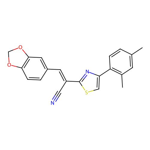 (E)-3-(benzo[d][1,3]dioxol-5-yl)-2-(4-(2,4-dimethylphenyl)thiazol-2-yl)acrylonitrile structure