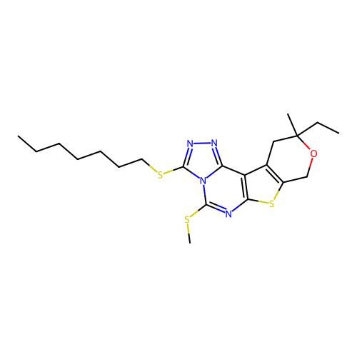 10-ethyl-3-(heptylsulfanyl)-10-methyl-5-(methylsulfanyl)-10,11-dihydro-8H-pyrano[4',3':4,5]thieno[3,2-e][1,2,4]triazolo[4,3-c]pyrimidine structure