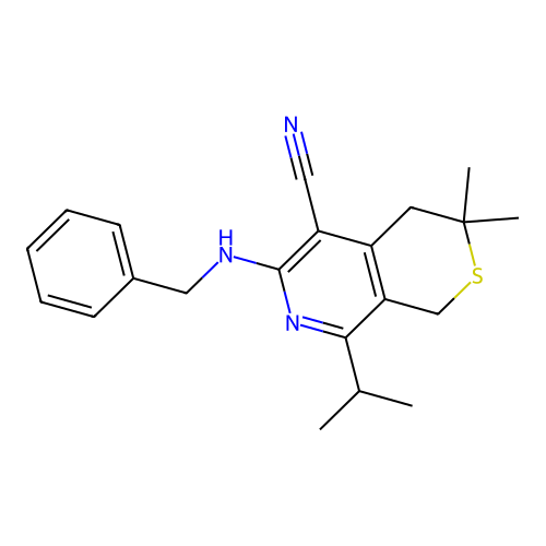 1H-Thiopyrano[3,4-c]pyridine-5-carbonitrile, 3,4-dihydro-6-benzylamino-8-isopropyl-3,3-dimethyl- structure