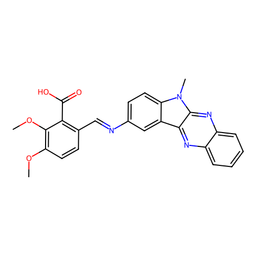 2,3-dimethoxy-6-[(6-methylindolo[3,2-b]quinoxalin-9-yl)iminomethyl]benzoic acid structure