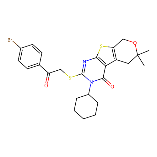2-((2-(4-bromophenyl)-2-oxoethyl)thio)-3-cyclohexyl-6,6-dimethyl-5,6-dihydro-3H-pyrano[4',3':4,5]thieno[2,3-d]pyrimidin-4(8H)-one structure