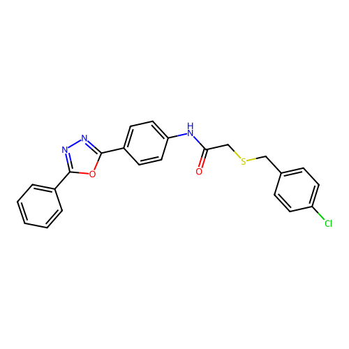 2-[(4-chlorobenzyl)sulfanyl]-N-[4-(5-phenyl-1,3,4-oxadiazol-2-yl)phenyl]acetamide structure