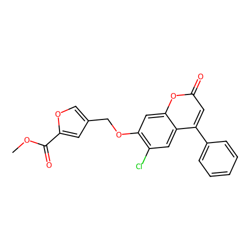 methyl 4-(((6-chloro-2-oxo-4-phenyl-2H-chromen-7-yl)oxy)methyl)furan-2-carboxylate structure