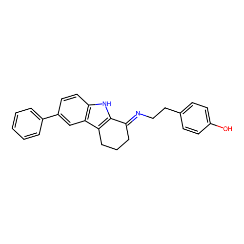 (E)-4-(2-((6-phenyl-2,3,4,9-tetrahydro-1H-carbazol-1-ylidene)amino)ethyl)phenol structure