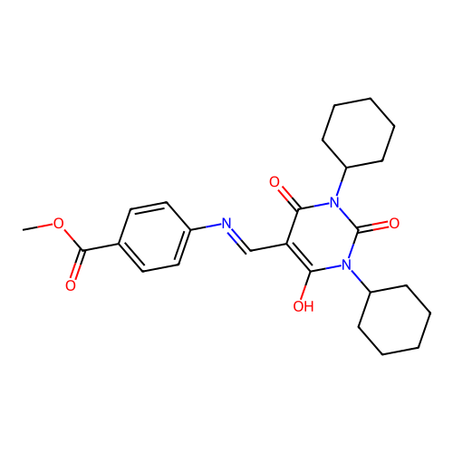 methyl 4-[(1,3-dicyclohexyl-2,4,6-trioxo-1,3-diazinan-5-ylidene)methylamino]benzoate structure