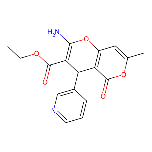 ethyl 2-amino-7-methyl-5-oxo-4-(pyridin-3-yl)-4H,5H-pyrano[4,3-b]pyran-3-carboxylate structure
