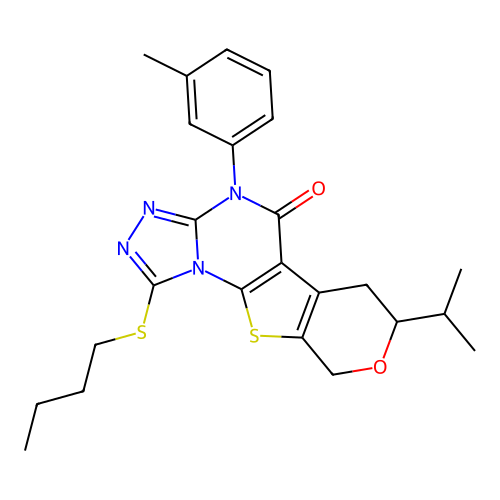 1-(butylsulfanyl)-4-(3-methylphenyl)-7-(propan-2-yl)-6,9-dihydro-7H-pyrano[4',3':4,5]thieno[3,2-e][1,2,4]triazolo[4,3-a]pyrimidin-5(4H)-one structure
