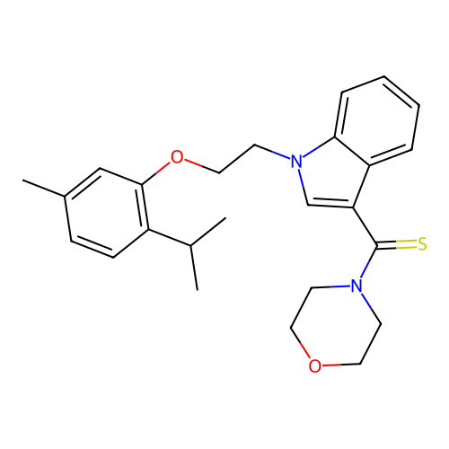 (1-(2-(2-isopropyl-5-methylphenoxy)ethyl)-1H-indol-3-yl)(morpholino)methanethione structure