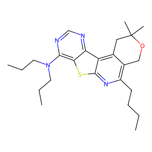 5-butyl-2,2-dimethyl-N,N-dipropyl-1,4-dihydro-2H-pyrano[4'',3'':4',5']pyrido[3',2':4,5]thieno[3,2-d]pyrimidin-8-amine structure