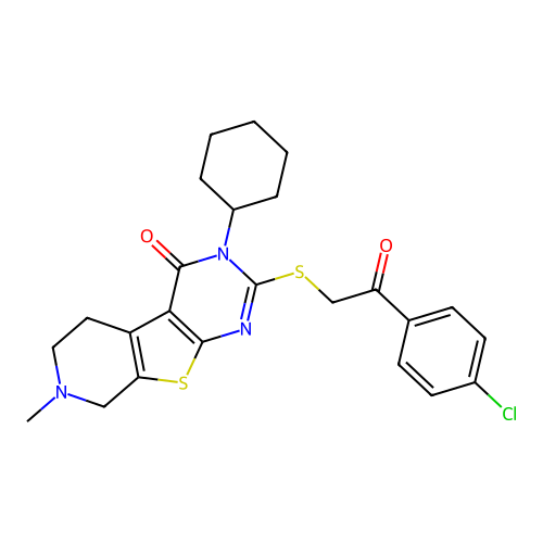 2-((2-(4-chlorophenyl)-2-oxoethyl)thio)-3-cyclohexyl-7-methyl-5,6,7,8-tetrahydropyrido[4',3':4,5]thieno[2,3-d]pyrimidin-4(3H)-one structure
