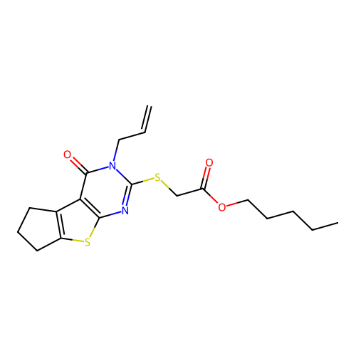 pentyl {[4-oxo-3-(prop-2-en-1-yl)-3,5,6,7-tetrahydro-4H-cyclopenta[4,5]thieno[2,3-d]pyrimidin-2-yl]sulfanyl}acetate structure