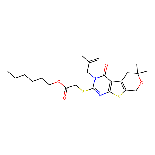 hexyl {[6,6-dimethyl-3-(2-methylprop-2-en-1-yl)-4-oxo-3,5,6,8-tetrahydro-4H-pyrano[4',3':4,5]thieno[2,3-d]pyrimidin-2-yl]sulfanyl}acetate structure